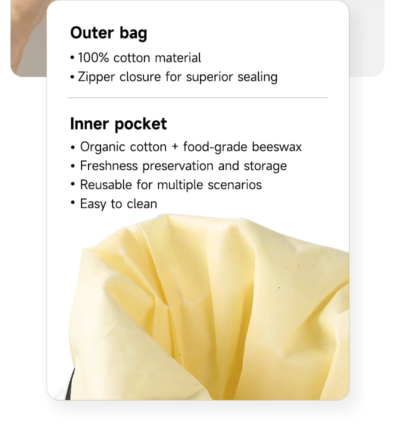 Reusable Beeswax Bread Bag with Snap Zipper