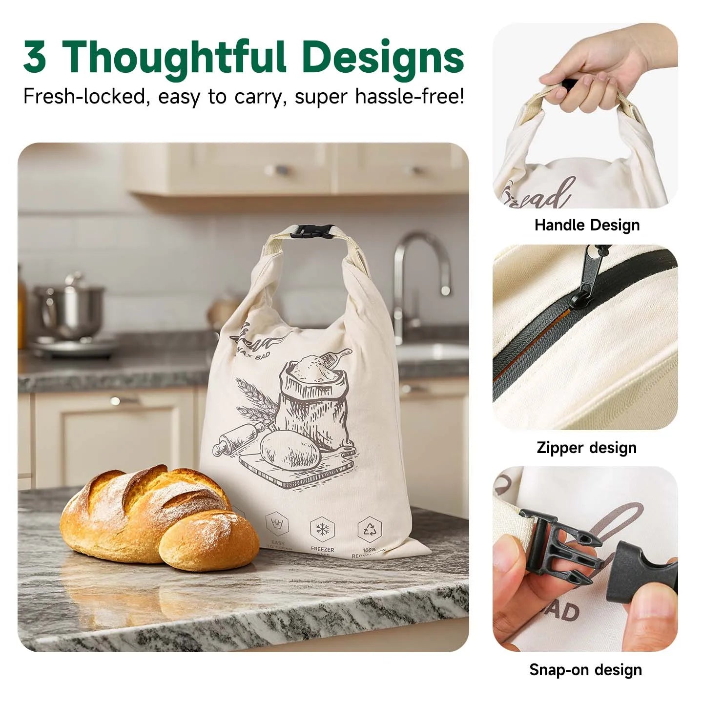 Reusable Beeswax Bread Bag with Snap Zipper