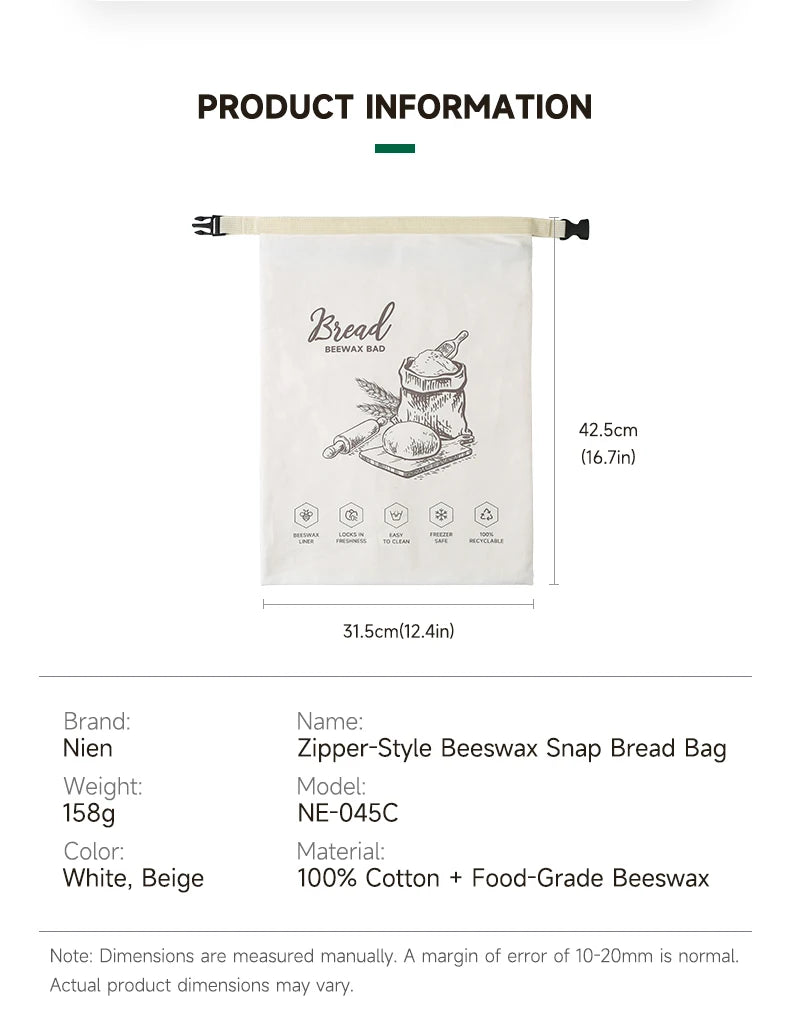 Reusable Beeswax Bread Bag with Snap Zipper