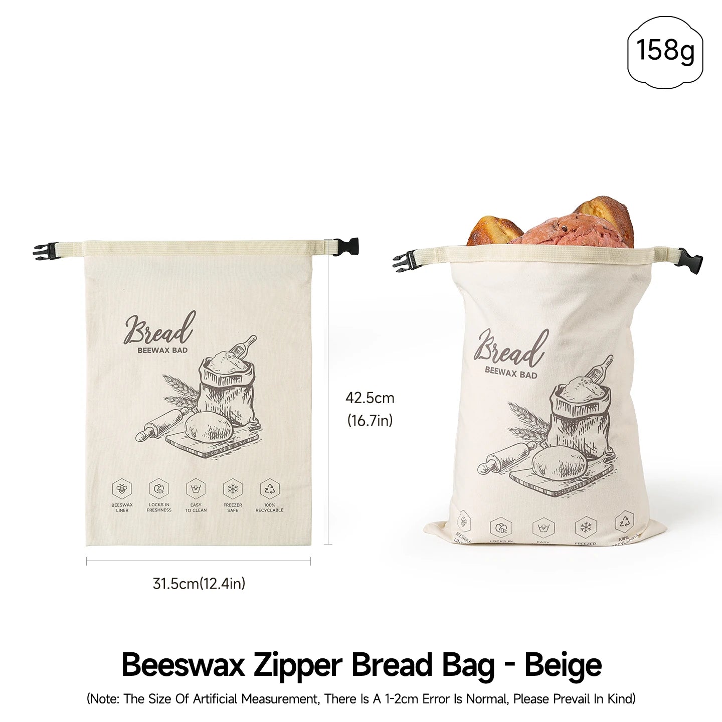 Reusable Beeswax Bread Bag with Snap Zipper