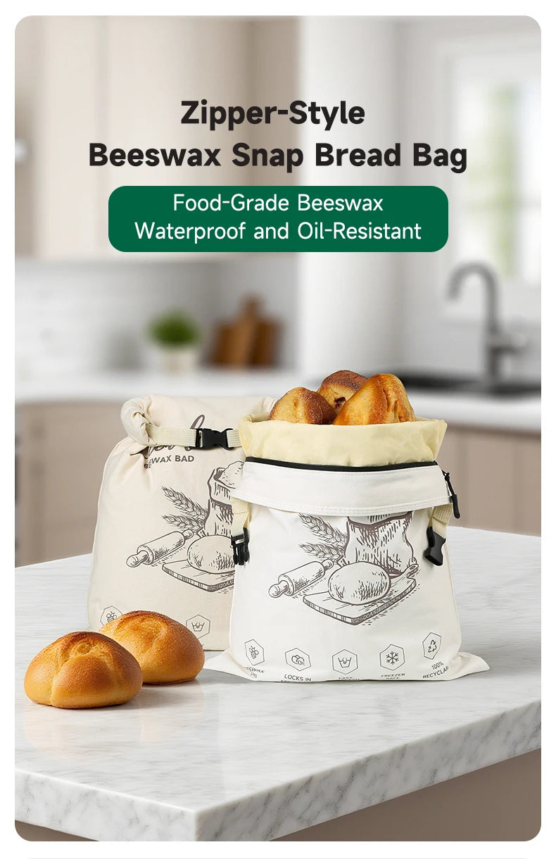 Reusable Beeswax Bread Bag with Snap Zipper